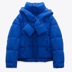 Blue Puffer Jacket with detachable scarf and hood